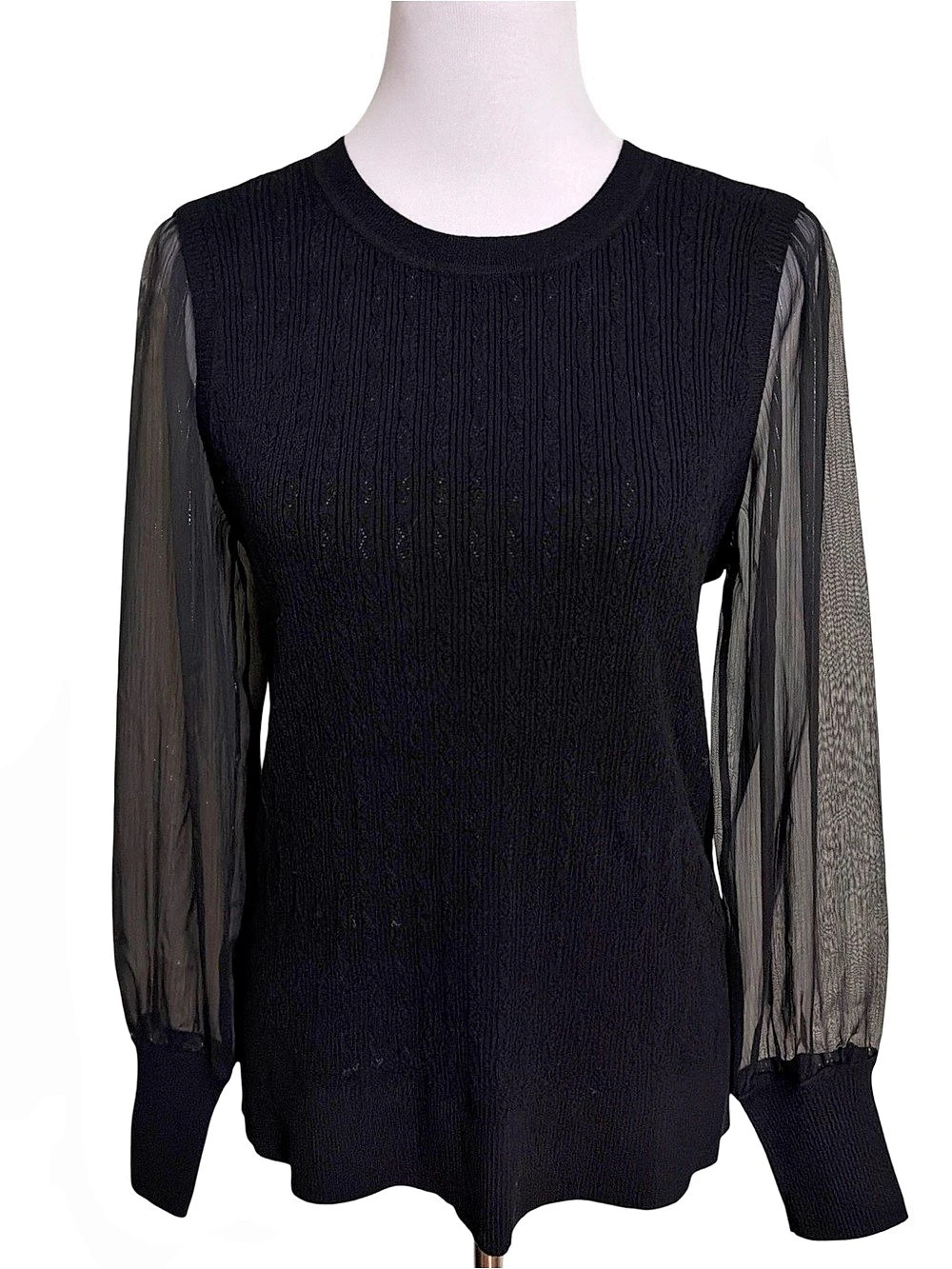 Talbots Absolutely Famous Black V-Neck Sweater Metallic Sheer Sleeve